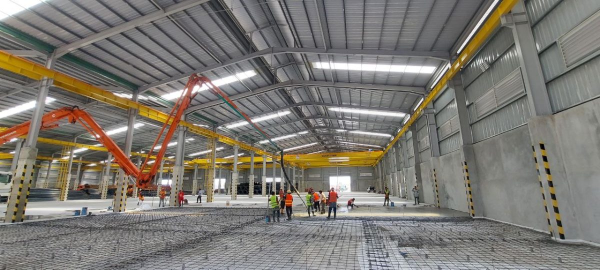 Steel-frame warehouse under construction
